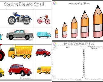 size sorting worksheets big and small vehicles activity etsy