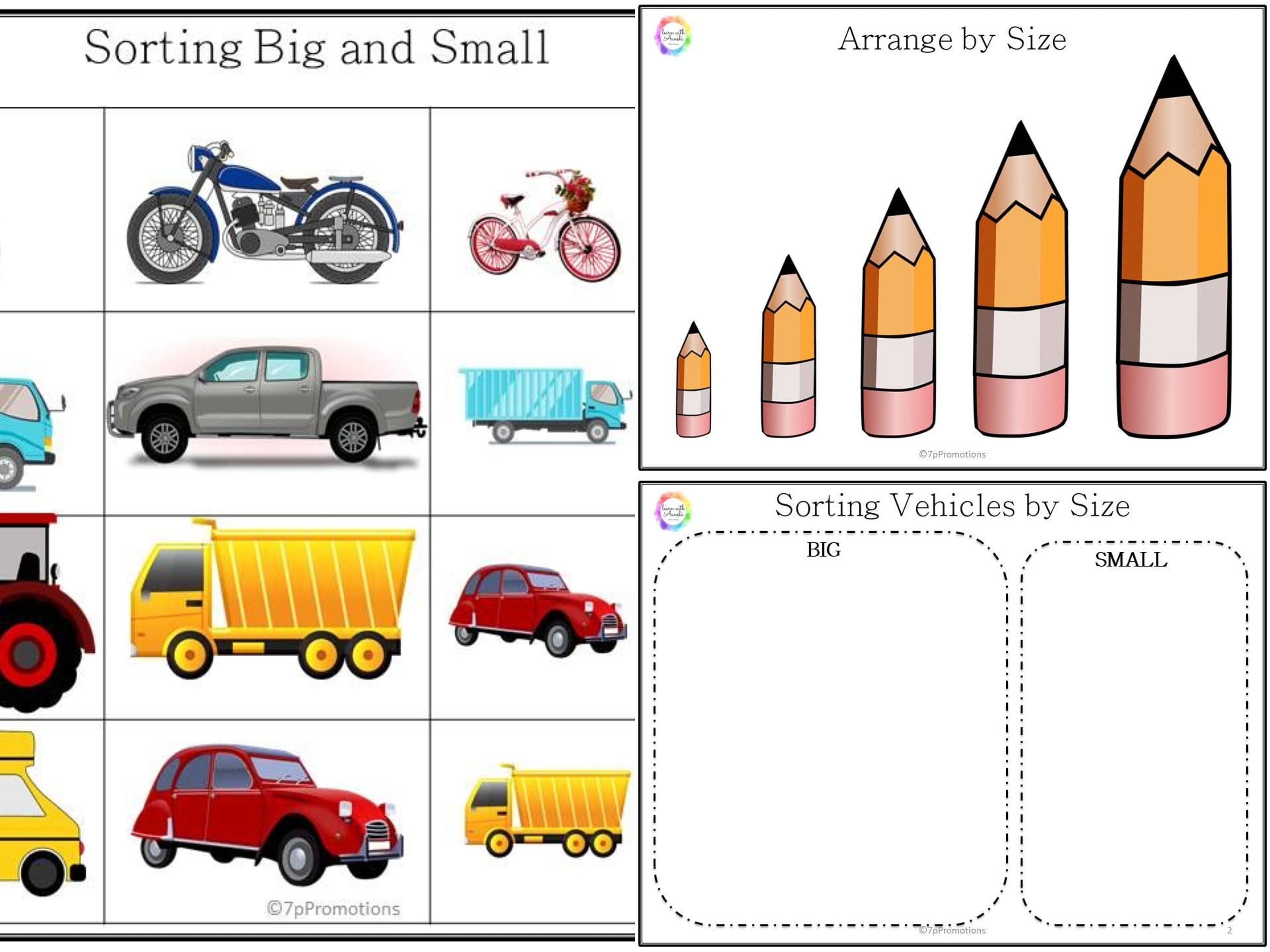 size sorting worksheets big and small vehicles activity etsy