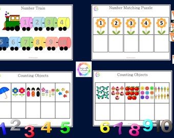 May include: A printable worksheet set for teaching children how to count. The set includes a number train, a number matching puzzle, and two counting objects worksheets. The worksheets feature colorful illustrations of objects and numbers.