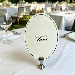 May include: An oval table number card with the word "Three" in elegant script. The card has a black border and is held by a silver-toned metal stand. The setting is a formal outdoor event with white tablecloths and floral arrangements.