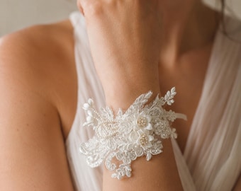 Handmade Lace Wrist Corsage & Boutonniere Set | Pearl Beaded Bridal Bracelet | Groom Lapel Pin with Clip | Ivory Wedding Accessories