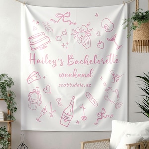 Vollständig angepasste Junggesellinnenabschiede Wandteppich, Stoff-Verlobungs-Kulisse, Cocktail-Party-Banner, Brautparty-Wandteppich, Bach-Club-Zeichen.
