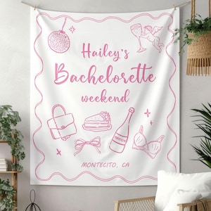 Vollständig angepasste Junggesellinnenabschiede Wandteppich, Stoff-Verlobungs-Kulisse, Cocktail-Party-Banner, Brautparty-Wandteppich, Bach-Club-Zeichen.