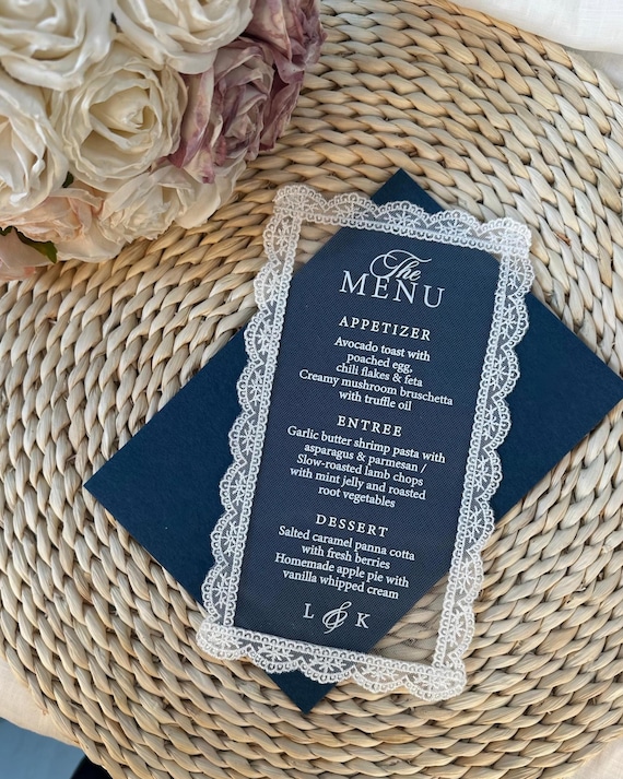 Elegant Transparent Lace Menu,Sheer Wedding Reception Menu Card,Hand-Stitched Lace Border,Customizable Dinner Menu,Vintage Table Decor