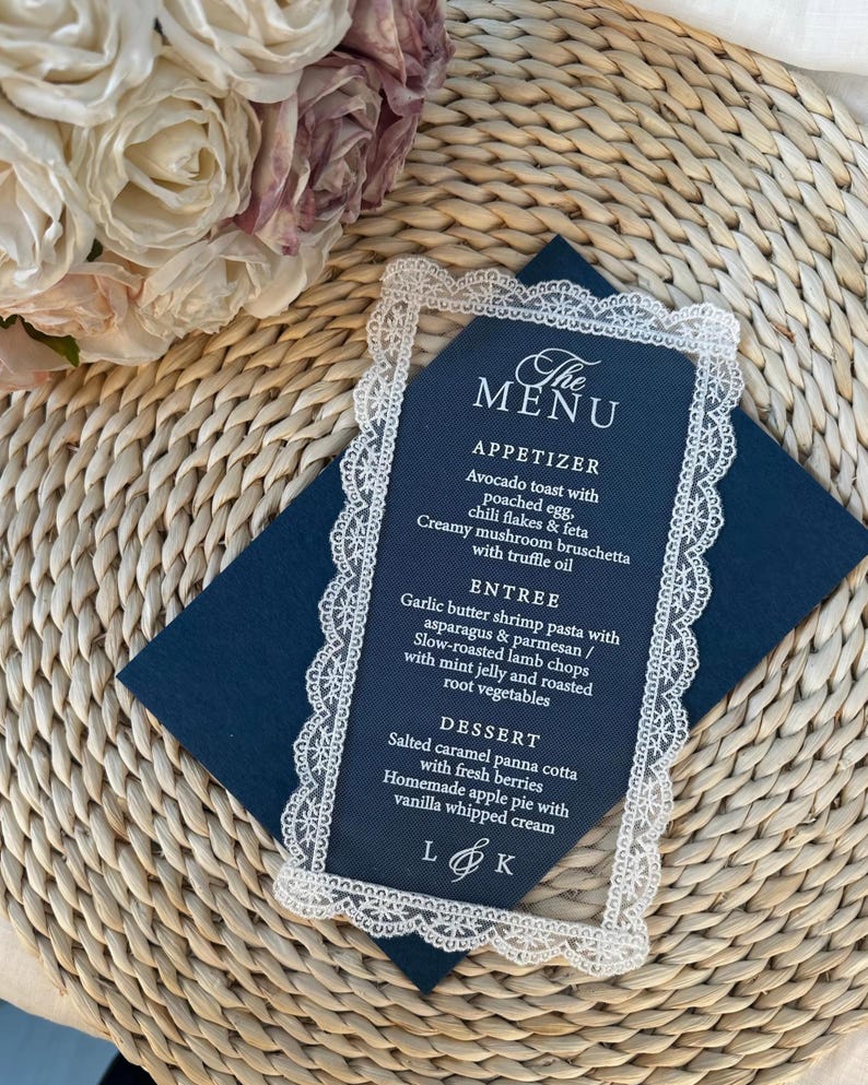 Elegant Transparent Lace Menu,Sheer Wedding Reception Menu Card,Hand-Stitched Lace Border,Customizable Dinner Menu,Vintage Table Decor image 1