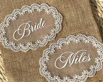 Custom Lace Place Cards,Personalized Wedding Name Tags for Plates ,Oval Lace Guest Name Cards ,Vintage Romantic Place Decor