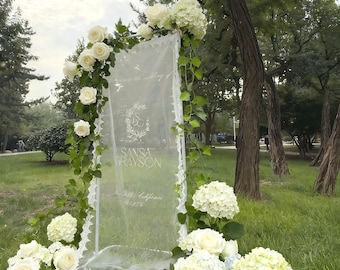 Sheer Lace Wedding Welcome Sign,Custom Tulle Fabric Decor with Personalized Name &Date,Entrance Sign for Wedding Reception Decorations