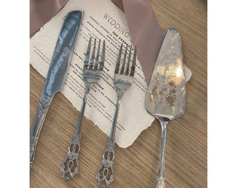 Personalized Wedding Cake Cutting Set: Engraved Knife and Forks, Gold or Silver