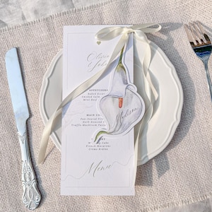 Calla lelie bruiloftsmenu plaatskaartenset, botanisch receptiepapier, kaarten witte leliepatroon