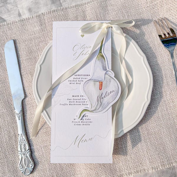 Calla Lily Wedding Menu Place Card Set, Botanical Reception Stationery, White Lily Pattern Cards