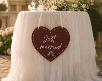 Personalized Heart Just Married Table Sign, Custom Wedding Reception Table Place Cards For Wedding Decor