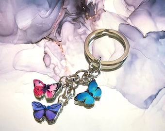 Custom Silver Three Triple Butterfly Charm Keychain Key Fob Ring Chain For Girls Women Small Gift Idea Girly Cute Aesthetic Friendship