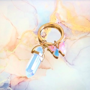Crystal Marble Unique Custom Gold Butterfly Charm Keychain Ring Chain Girls Women Mini Gift Idea Girly Cute Friendship Stone Quartz Healing