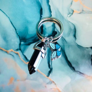Crystal Unique Custom Silver Butterfly Charm Keychain Key Ring Chain Girls Women Mini Gift Idea Girly Cute Friendship Stone Quartz Healing
