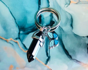 Crystal Unique Custom Silver Butterfly Charm Keychain Key Ring Chain Girls Women Mini Gift Idea Girly Cute Friendship Stone Quartz Healing