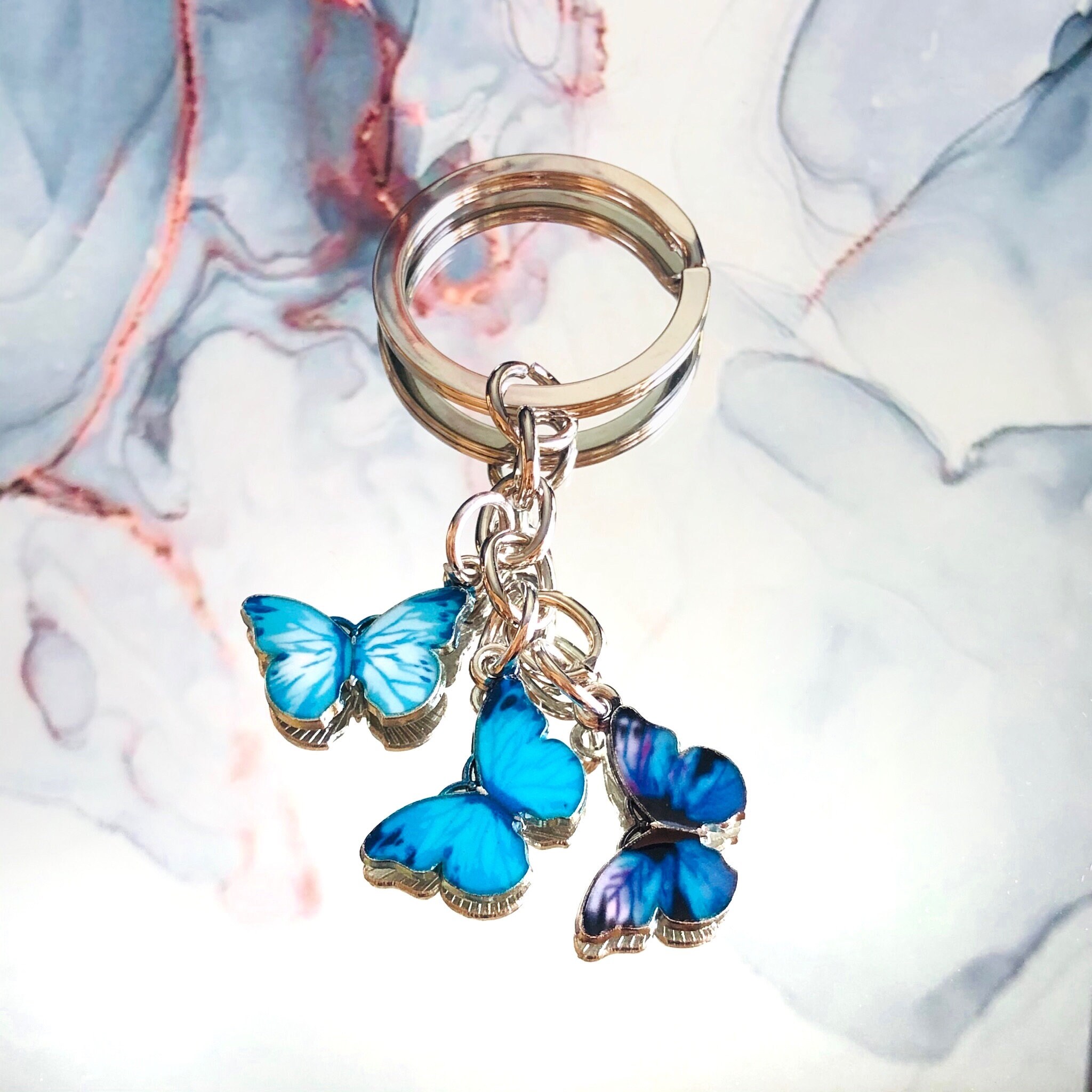 NEW Custom Silver Three Triple Butterfly Charm Keychain Key Fob Ring …