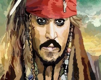 Digitale Johnny Depp, Jack Sparrow, Pirates of the Caribbean, kunst, schilderen, Johnny Depp afdrukbaar, digitale print, beroemdheid, acteur, film,