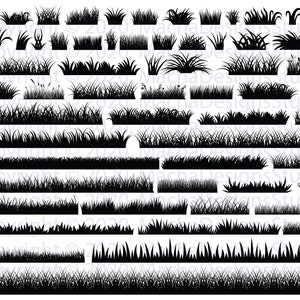 May include: A set of 20 black and white silhouette images of different types of grass. The grass is shown in various shapes and sizes, from short and wispy to tall and lush.