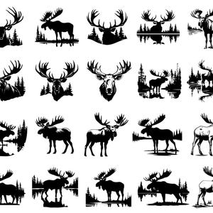 Paquete de alces SVG PNG: imágenes prediseñadas de animales del bosque para manualidades de Cricut, camisetas, tazas, pegatinas, decoración de cabañas, diseños de caza y descarga digital.