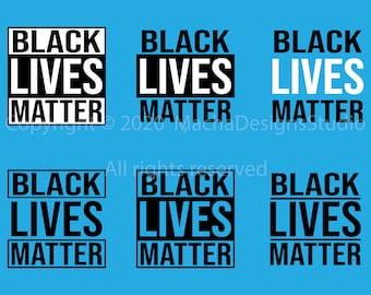 May include: Six black and white squares with the text "Black Lives Matter" repeated in each square.