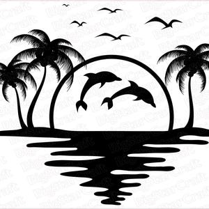 Dauphin, palmier Svg, coucher de soleil PNG Svg, plage tropicale, Clipart pour Cricut, sublimation de fichiers, Tshirt d'été Svg, conception d'été