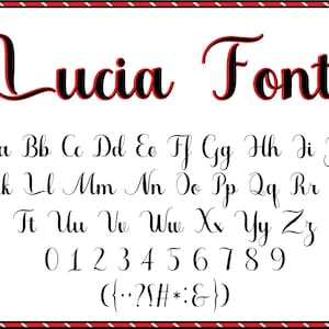 May include: A black and white image of the Lucia font, which includes the alphabet, numbers, and punctuation marks.