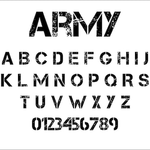 Puede incluir: Un conjunto de alfabeto y números en fuente negra desgastada con la palabra "ARMY" en la parte superior.