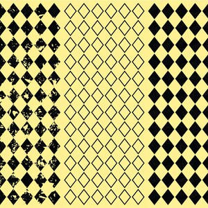 Puede incluir: Tres patrones diferentes de formas de diamantes negros y amarillos. El primer patrón tiene un aspecto desgastado y descolorido. El segundo patrón es limpio y nítido. El tercer patrón es sólido y audaz.
