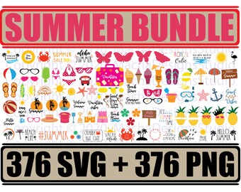 Könnte beinhalten: Eine Sammlung von 376 Sommer-SVG- und PNG-Dateien. Die Bilder enthalten verschiedene Symbole wie Ananas, Palmen, Sonnenbrillen, Flip-Flops und Strandbälle. Der Text "SUMMER BUNDLE" befindet sich oben im Bild, und der Text "376 SVG + 376 PNG" befindet sich unten.