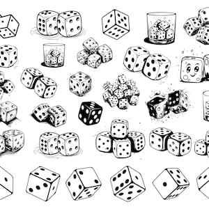 May include: A black and white illustration of various dice in different positions, some with smiling faces. The dice are shown in various settings, including a glass of ice, a glass of water, and on a table.