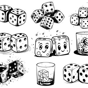 May include: A black and white illustration of various dice in different positions and settings. Some dice are in a glass, some are in a pile, and some are on their own. The dice are all drawn in a cartoon style.