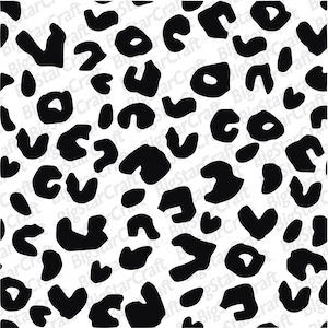 May include: A seamless pattern featuring black leopard spots on a white background. The spots vary in size and shape, creating a bold and eye-catching design. This pattern is suitable for various applications, including fabric, wallpaper, and digital designs.