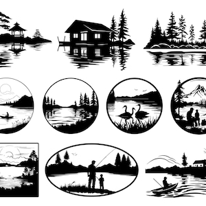 Può includere: Una collezione di illustrazioni di paesaggi in bianco e nero con serene scene lacustri. Le immagini includono sagome di cabine, alberi, montagne e persone che pescano o vanno in barca, tutte riflesse nell'acqua.