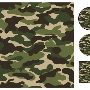 Op de afbeelding: Een naadloos patroon van groene, bruine en beige camouflage. Het patroon bestaat uit onregelmatige vormen en wordt herhaald over de hele afbeelding.
