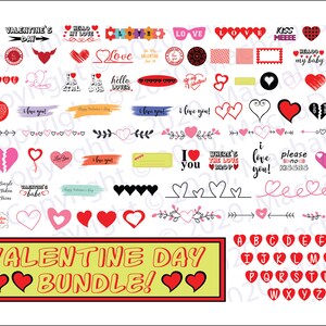 Puede incluir: Un paquete de clipart digital para el Día de San Valentín con corazones, flechas, pancartas y texto. El clipart es de color rojo, rosa, negro y blanco. El texto incluye frases como "Te amo", "Día de San Valentín" y "Hola mi amor". El paquete también incluye un alfabeto en rojo.