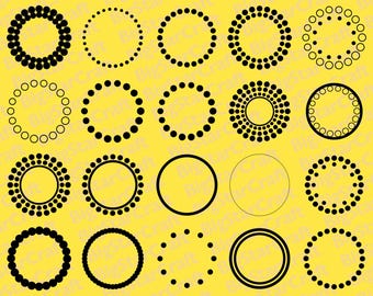 May include: A collection of black circular designs on a yellow background. The circles vary in style, including solid lines, dotted lines, and circles made of smaller dots. The designs are arranged in a grid pattern.