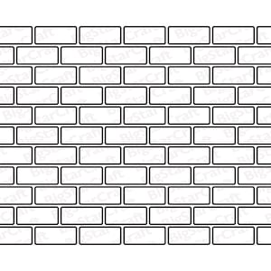 May include: Black and white illustration of a brick wall pattern. The bricks are arranged in a staggered pattern, creating a realistic brick wall effect.