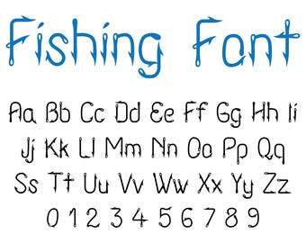 May include: A fishing-themed font alphabet with uppercase and lowercase letters, numbers, and the words "Fishing Font" in blue. The letters are formed using a stylized fish hook design.