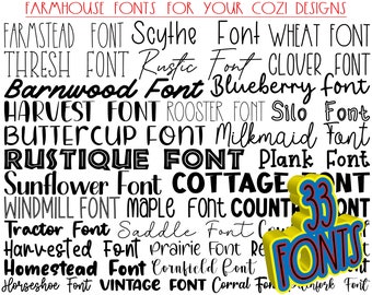 May include: A graphic image of 33 farmhouse fonts, including Barnwood, Harvest, Buttercup, Rustique, Sunflower, Windmill, Tractor, Harvested, Homestead, and Vintage. The fonts are displayed in a black and white color scheme.