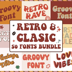 50 PACCHETTO DI FONT RETRO; Font Groovy, Pacchetto di font, Font retrò, Font vintage, Font Cricut, Uso commerciale, Font anni '70, Font Svg, Font TTf, Retro