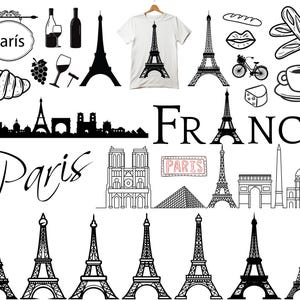Paris Bundle SVG PNG - Clipart Tour Eiffel, monuments de Paris, éléments romantiques pour travaux manuels Cricut, T-shirts, autocollants, téléchargement