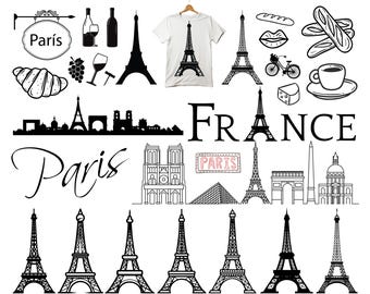 Lot de cliparts Paris : Tour Eiffel, monuments SVG PNG (téléchargement numérique)