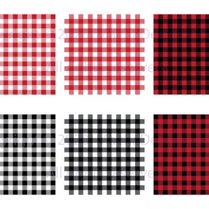 May include: Six different plaid patterns in red, black, and white. The patterns are arranged in two rows of three.