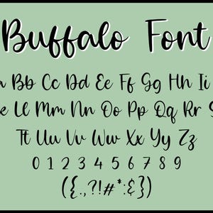 Puede incluir: Una imagen en blanco y negro del alfabeto Buffalo Font, que incluye letras mayúsculas y minúsculas, números del 0 al 9 y signos de puntuación. La fuente es de estilo de escritura a mano.