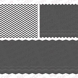 May include: Three black and white chevron patterns. The top pattern is a small chevron, the middle pattern is a larger chevron, and the bottom pattern is a wavy chevron.