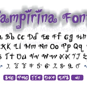 May include: Vampirina Font is a black and white alphabet with a spooky, whimsical style. The letters are stylized with swirls and bats. The font includes numbers and a vampire girl character. The text "Copyright 2020, Macha DesignsStudio" is also included. The image includes the file types: SVG, PNG, TIF, DXF, EPS, and AI.