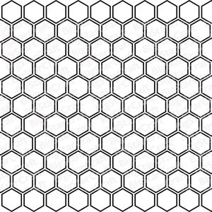 Puede incluir: Patrón de panal de abeja en blanco y negro. La imagen presenta un diseño geométrico repetitivo de hexágonos interconectados, creando una estructura similar a una cuadrícula. Las celdas están delineadas en negro, con un interior blanco.