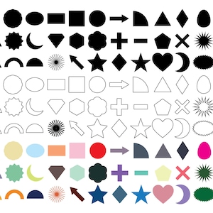 May include: A set of 90 black and white geometric shapes, including circles, squares, triangles, stars, hearts, and more. The shapes are arranged in three rows of 30 shapes each.