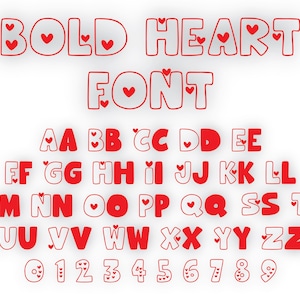 May include: A red and white alphabet font with hearts. The font is bold and playful. The letters are outlined in red and filled with white. The hearts are red and are scattered throughout the letters. The font includes uppercase letters, lowercase letters, and numbers.