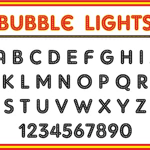 Pode incluir: Um fundo branco com uma borda vermelha e amarela. O texto "BUBBLE LIGHTS" está em vermelho com pontos brancos. O alfabeto e os números de 1 a 9 e o 0 estão em preto com pontos brancos.
